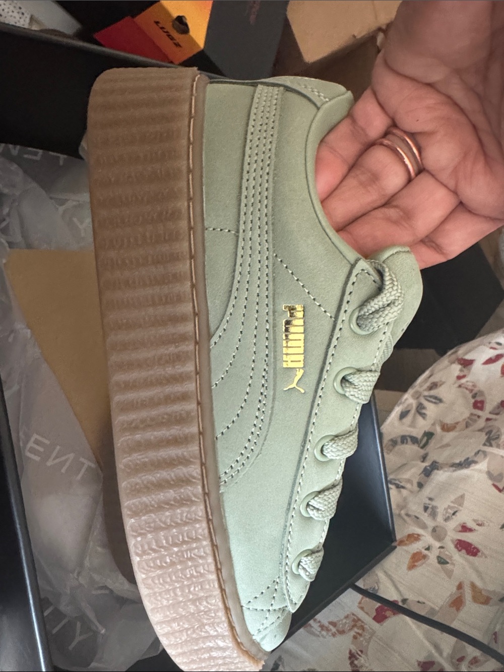RIHANA FENTY Puma Kids Mint Green Low-Top Sneaker with Gold Logo Brans New!